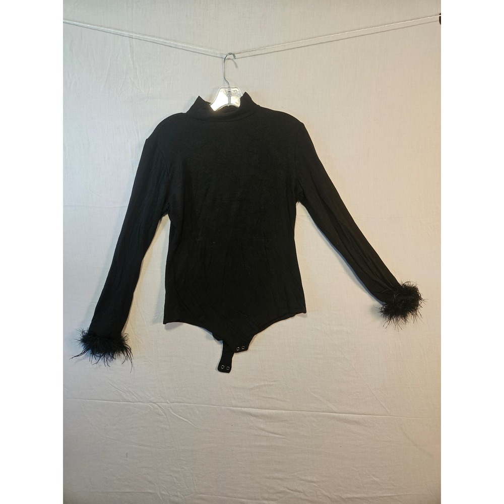 Vashtieve Black Mock Neck Bodysuit Long Sleeve Feather Cuff Glam Women M # 2551